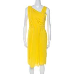 Pre Owned فستان بوس باي هوغو بوس درابيرا كريب أصفر بطيات بلا أكمام L