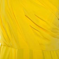 Pre Owned فستان بوس باي هوغو بوس درابيرا كريب أصفر بطيات بلا أكمام L