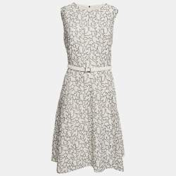 Pre Owned Hugo Boss White Embroidery Crepe Belted Sleeveless Knee-Length Dress L