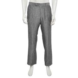 Pre Owned Boss By Hugo Boss Grey Pinstripe Linen Straight-Leg Trousers XL