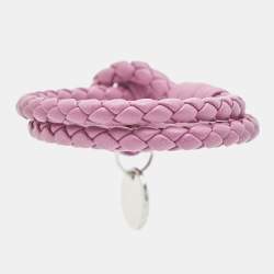 Bottega Veneta Intercciato Leather Silver Tone Bracelet