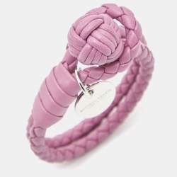 Bottega Veneta Intercciato Leather Silver Tone Bracelet