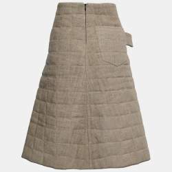 Pre Owned Bottega Veneta Khaki Brown Quilted Linen Midi Skirt M