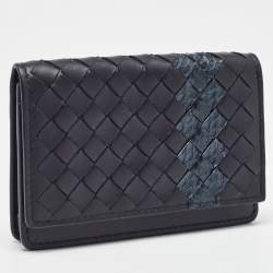 Pre Owned محفظة بطاقات بوتيغا فينيتا جلد ثعبان وجلد أزرق كحلي إنترشياتو