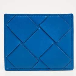 Pre Owned Bottega Veneta Blue Maxi Intrecciato Leather Card Holder