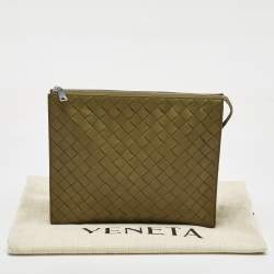 Bottega Veneta Olive Green Intrecciato Leather Zip Pouch