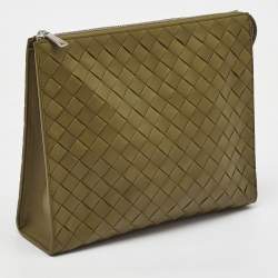 Bottega Veneta Olive Green Intrecciato Leather Zip Pouch
