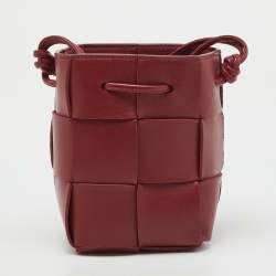 Pre Owned Bottega Veneta Red Intreccio Leather Mini Cassette Bucket Bag