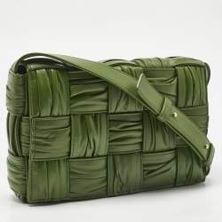 Pre Owned Bottega Veneta Green Plisse Intreccio Leather Cassette Shoulder Bag