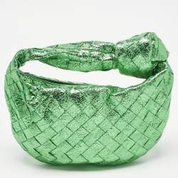 Pre Owned Bottega Veneta Metallic Green Intrecciato Leather Mini Jodie Hobo