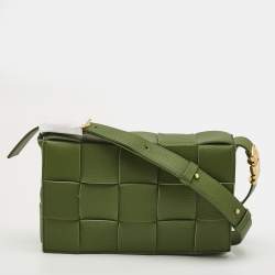Pre Owned Bottega Veneta Cassette Medium Green Intrecciato Leather Shoulder Bag