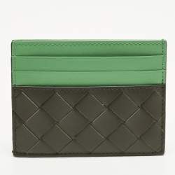 Pre Owned Bottega Veneta Green/Olive Green Intrecciato Leather Card Holder