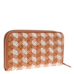 Pre Owned Bottega Veneta Orange/White Intrecciato Leather Zip Around Wallet 