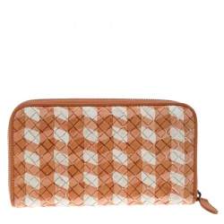 Pre Owned Bottega Veneta Orange/White Intrecciato Leather Zip Around Wallet 
