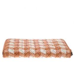 Pre Owned Bottega Veneta Orange/White Intrecciato Leather Zip Around Wallet 