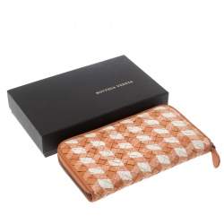 Pre Owned Bottega Veneta Orange/White Intrecciato Leather Zip Around Wallet 