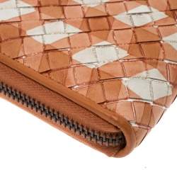 Pre Owned Bottega Veneta Orange/White Intrecciato Leather Zip Around Wallet 
