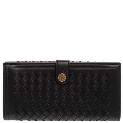Pre Owned Bottega Veneta Black Intrecciato Leather Continental Flap Wallet