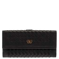 Pre Owned Bottega Veneta Black Intrecciato Leather Continental Flap Wallet