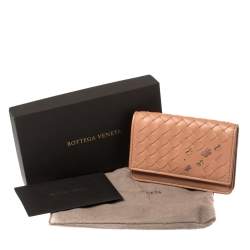 Pre Owned Bottega Veneta Peach Intrecciato Leather Flap Card Holder