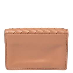 Pre Owned Bottega Veneta Peach Intrecciato Leather Flap Card Holder