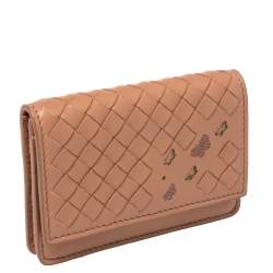Pre Owned Bottega Veneta Peach Intrecciato Leather Flap Card Holder