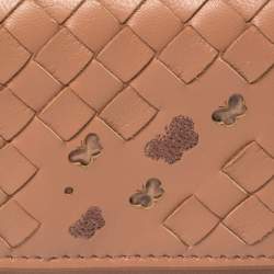 Pre Owned Bottega Veneta Peach Intrecciato Leather Flap Card Holder