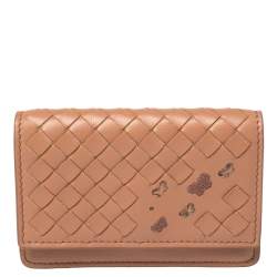 Pre Owned Bottega Veneta Peach Intrecciato Leather Flap Card Holder