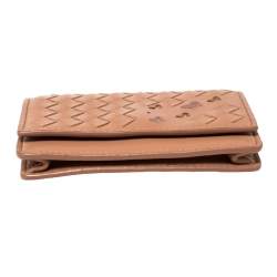 Pre Owned Bottega Veneta Peach Intrecciato Leather Flap Card Holder