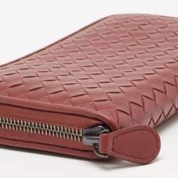 Pre Owned Bottega Veneta Rust Brown Intrecciato Leather Zip Around Wallet