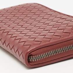 Pre Owned Bottega Veneta Rust Brown Intrecciato Leather Zip Around Wallet