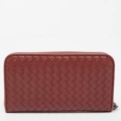 Pre Owned Bottega Veneta Rust Brown Intrecciato Leather Zip Around Wallet