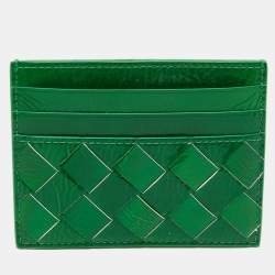 Pre Owned Bottega Veneta Metallic Green Leather Card Holder