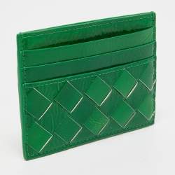Pre Owned Bottega Veneta Metallic Green Leather Card Holder