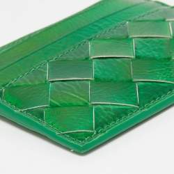 Pre Owned Bottega Veneta Metallic Green Leather Card Holder