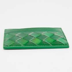 Pre Owned Bottega Veneta Metallic Green Leather Card Holder