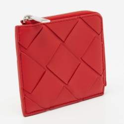 Pre Owned Bottega Veneta Red Intrecciato Leather Half Zip Wallet
