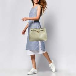 Pre Owned Bottega Veneta Khaki Green Intrecciato Leather Medium Andiamo Top Handle Bag