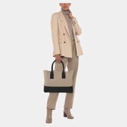Pre Owned Bottega Veneta Beige/Black Fabric and Leather Tote