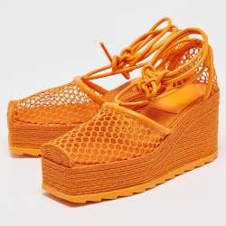مملوكة مسبقًا Bottega Veneta Orange Mesh and Leather Wedge Espadrille Ankle Wrap Pumps Size 39