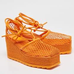 مملوكة مسبقًا Bottega Veneta Orange Mesh and Leather Wedge Espadrille Ankle Wrap Pumps Size 39