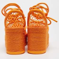 مملوكة مسبقًا Bottega Veneta Orange Mesh and Leather Wedge Espadrille Ankle Wrap Pumps Size 39