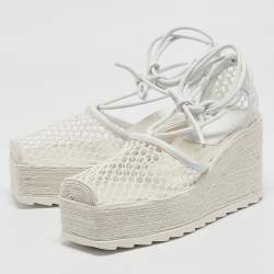 مملوكة مسبقًا Bottega Veneta White Mesh and Leather Wedge Platform Espadrille Ankle Wrap Sandals Size 39