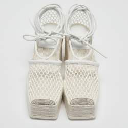 مملوكة مسبقًا Bottega Veneta White Mesh and Leather Wedge Platform Espadrille Ankle Wrap Sandals Size 39