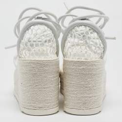 مملوكة مسبقًا Bottega Veneta White Mesh and Leather Wedge Platform Espadrille Ankle Wrap Sandals Size 39