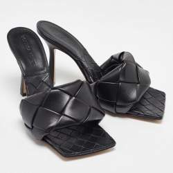 مملوكة مسبقًا Bottega Veneta Black Woven Leather Lido Slide Sandals Size 37.5