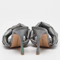 Pre Owned Bottega Veneta Metallic Grey Quilted Leather Lido Slide Sandals Size 38