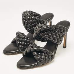 Bottega Veneta Black Leather Intrecciato Slide Sandals Size 38.5