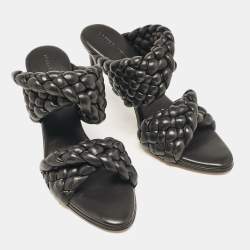 Bottega Veneta Black Leather Intrecciato Slide Sandals Size 38.5