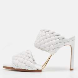 Bottega Veneta White Leather Intrecciato Slide Sandals Size 38.5